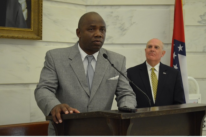 University of Artemisa Proctor/President Carlos Eduardo Suarez Ponciano speaks Wednesday during the agreement signing event. On the left is SAU President Trey Berry.