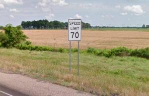 A sign on Interstate 40 near Hughes posts a speed limit of 70 mph.