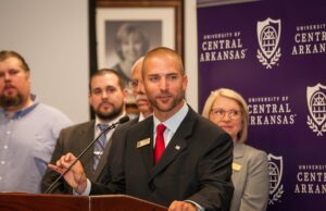 Judge Troy Braswell speaks Thursday about the Faulkner County Juvenile Drug Court expanding its partnerships with the University of Central Arkansas and other community partners on the university's campus in Conway.