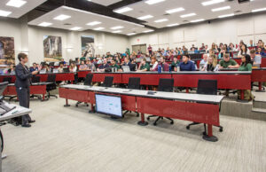 Lounges and lecture halls, such as the one shown above, at the Arkansas College of Osteopathic Medicine in Fort Smith are connected with more than 45 miles of high-definition cable.