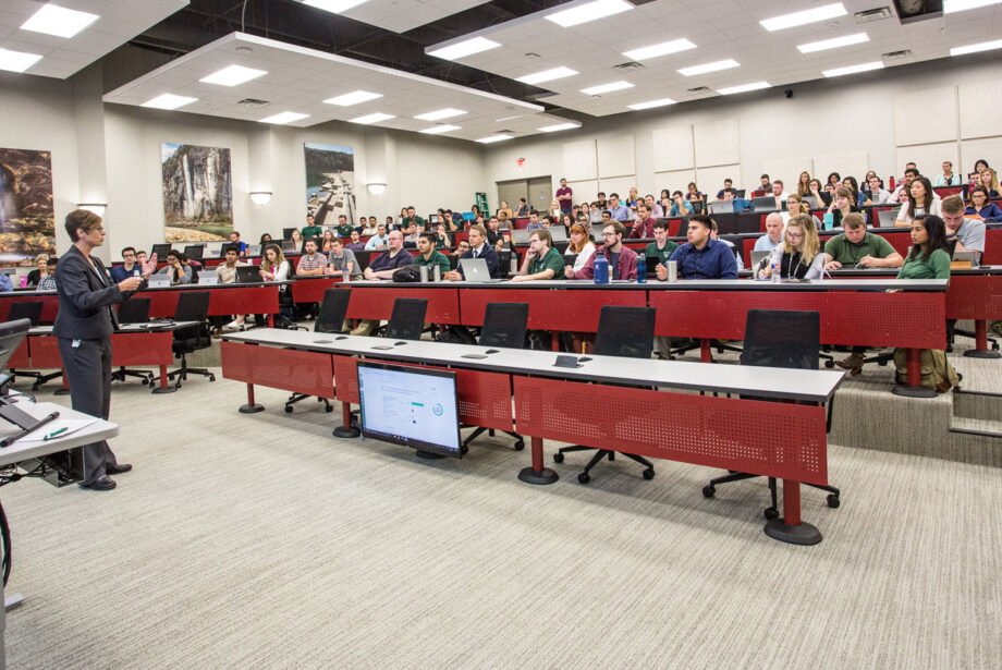 Lounges and lecture halls, such as the one shown above, at the Arkansas College of Osteopathic Medicine in Fort Smith are connected with more than 45 miles of high-definition cable.