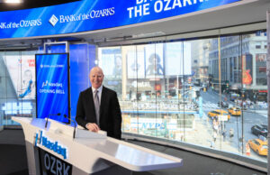 Bank of the Ozarks Chairman and CEO George Gleason during a July 2017 visit to the Nasdaq MarketSite in New York City's Times Square in honor of the bank's 20th anniversary as a public company.