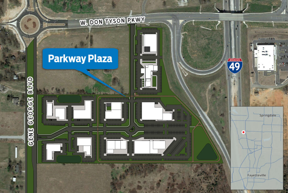 The planned Parkway Plaza development is slated for the southeast corner of Gene George Boulevard and Don Tyson Parkway in Springdale.