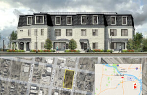 An artist's rendering of one of the Villa View at SOMA properties planned for construction is shown above. The development will be built in the area bordered by yellow.