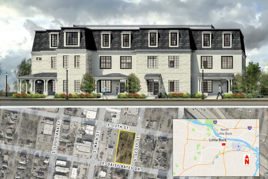 An artist's rendering of one of the Villa View at SOMA properties planned for construction is shown above. The development will be built in the area bordered by yellow.