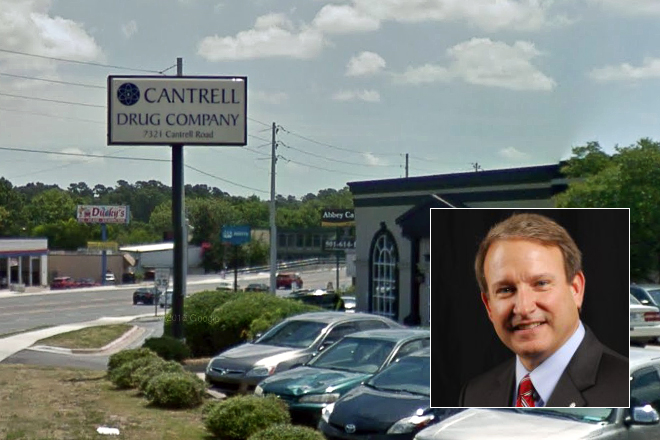 The namesake facility operated by Cantrell Drug Company, owned by Dr. James L. "Dell" McCarley Jr. (inset) and his wife Lynn.
