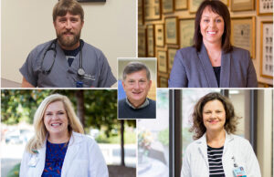 Clockwise from top left: Dr. Travis Hess of CHI St. Vincent Hot Springs; Nisa Trenthem, Jenny Bowe and Tabitha Childers of CHI St. Vincent Infirmary; and in center, Dr. Joseph Elser of CHI St. Vincent Primary & Convenient Care-Little Rock (Chenal).