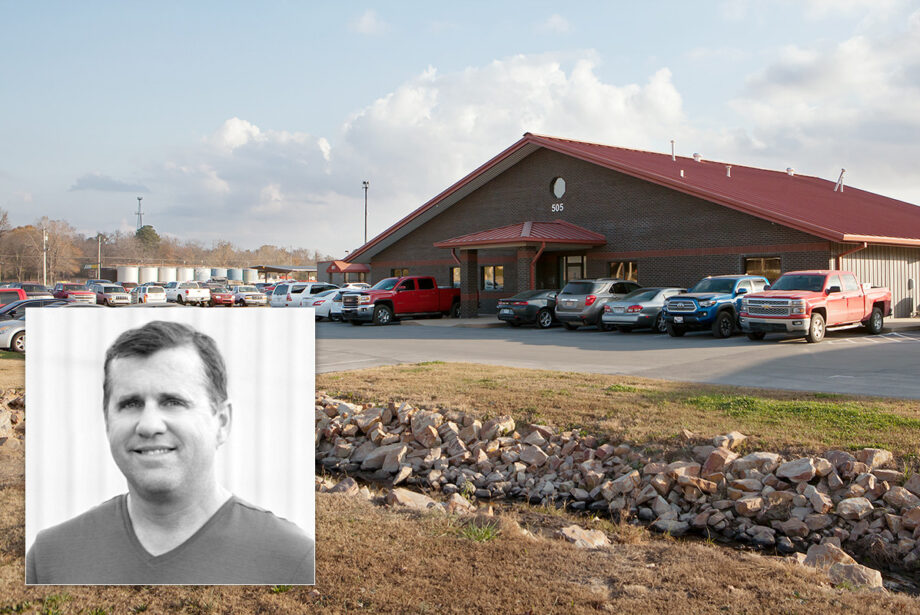The headquarters of Redstone Construction Group, which was led by Michael Lasiter (inset), on West Dixon Road in Little Rock.