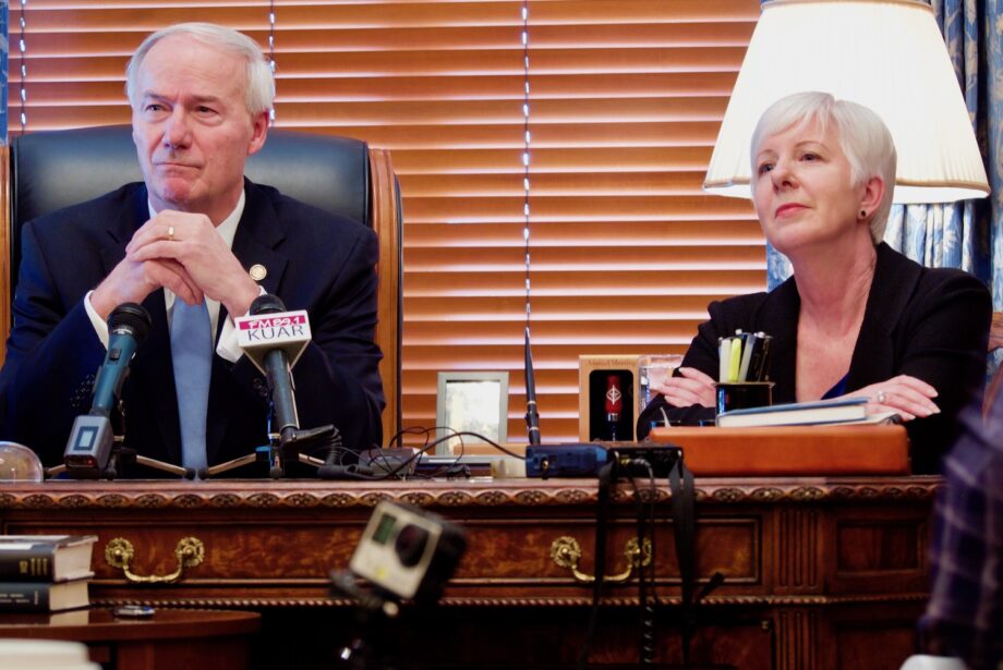 Gov. Asa Hutchinson and state Department of Human Services Director Cindy Gillespie.