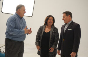 Rick Rogala, Donna Mooney and Mike Heald of Bespoke Health Media, at Bespoke’s studio in Little Rock. The company specializes in videos that focus on patients’ specific conditions and procedures.