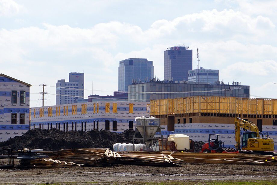 The Thrive Argenta apartments, seen here against the Little Rock skyline, are rising rapidly in North Little Rock.