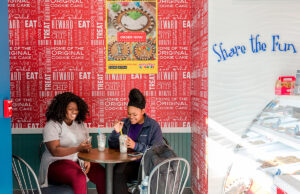 Brooke Bennamon, left, and Tori Christian, students at the University of Central Arkansas, enjoying milkshakes at Marble Slab in the lower level of Donaghey Hall.