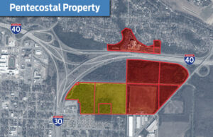 With the purchase of its most recent properties (shaded in yellow), First Pentecostal Church of Jesus Christ owns nearly 175 acres at the junction of Interstates 30 and 40 in North Little Rock. (Property dimensions are approximate.)
