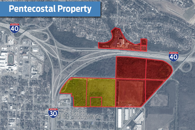 With the purchase of its most recent properties (shaded in yellow), First Pentecostal Church of Jesus Christ owns nearly 175 acres at the junction of Interstates 30 and 40 in North Little Rock. (Property dimensions are approximate.)