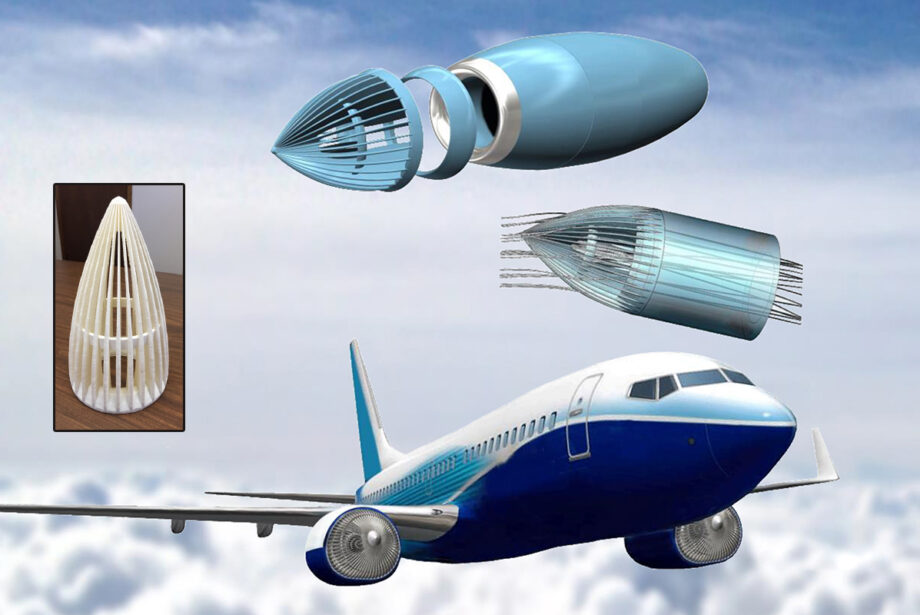 A Pine Bluff company, Shield Aerodynamics LLC, is working on a deflector shield to protect jet engines from sucking up birds and drones. This simulation shows how the part would fit in front of the engine housing.