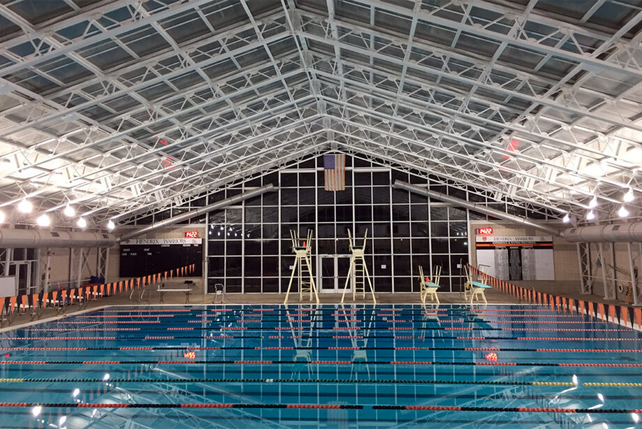 Replacing 15,000 light fixtures with LED technology was part of Entegrity’s energy efficiency work at Hendrix College in Conway, including these lights at the Wellness and Athletics Center.