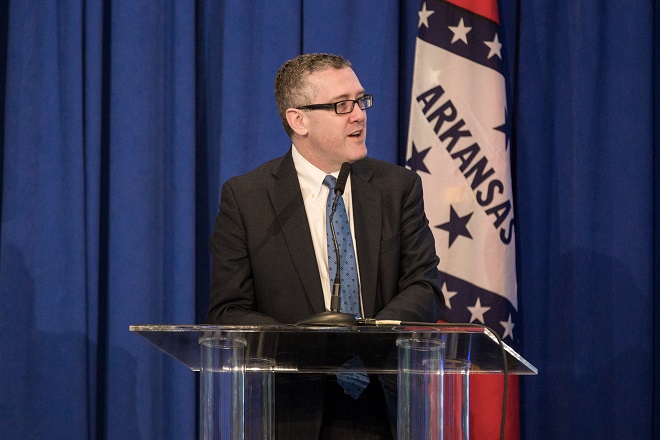 After giving a presentation on the U.S. economy, St. Louis Fed James Bullard takes questions last week from an overflow audience of mostly bankers attending the Arkansas Bankers Association's and Arkansas State Bank Department&rsquo;s Day with the Commissioner in Little Rock.&nbsp;
