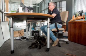 Jeff Ford, CEO of Perks Worldwide, has turned his dog, Xee, into a company mascot. Xee, who accompanies Ford nearly every day, likes to spend time under his human’s desk when he’s not wandering in and out of other offices.