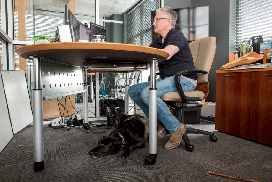 Jeff Ford, CEO of Perks Worldwide, has turned his dog, Xee, into a company mascot. Xee, who accompanies Ford nearly every day, likes to spend time under his human’s desk when he’s not wandering in and out of other offices.