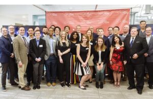 Executives of startups selected for FIS' and the Venture Center's 2018 Fintech Accelerator pose for a group photo with community leaders, Venture Center staff and others at the kickoff event for the program.&nbsp;