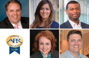 Clockwise from top left: Dan McFadden, APR; Kristen Vandaveer Nicholson, APR; Brandon D. Morris, APR+M; Denver Peacock, APR; and Brandi Hinkle, APR