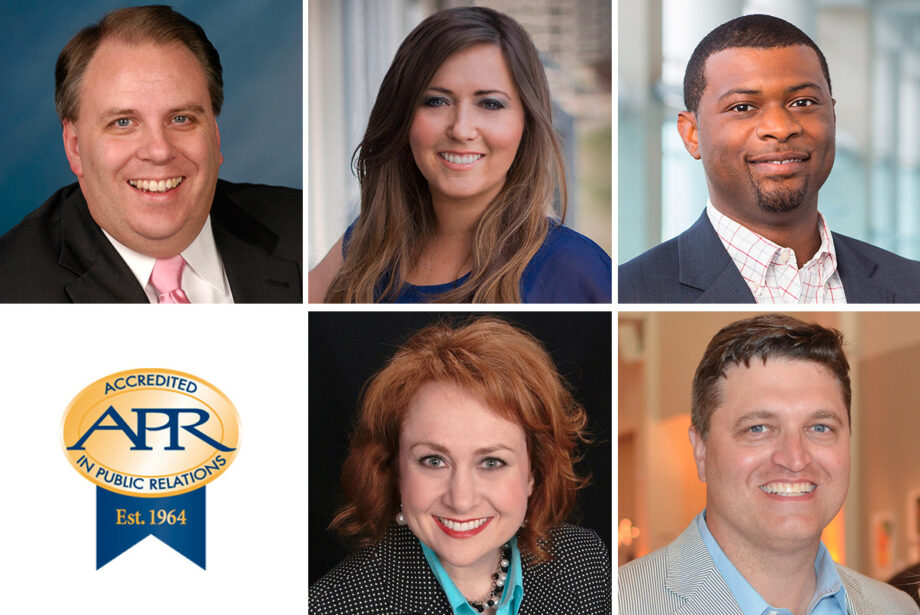 Clockwise from top left: Dan McFadden, APR; Kristen Vandaveer Nicholson, APR; Brandon D. Morris, APR+M; Denver Peacock, APR; and Brandi Hinkle, APR