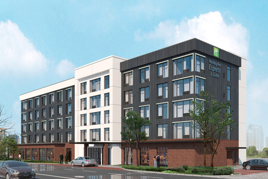 A Holiday Inn Express & Suites on East Fourth Street, seen here in a rendering, is expected to open before Christmas 2019.