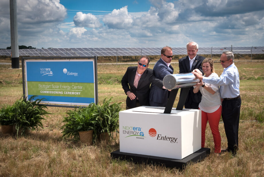 Gov. Asa Hutchinson, Entergy Arkansas Inc. CEO Rick Riley and others at the commissioning of the&nbsp;Stuttgart Solar Energy Center in Almyra (Arkansas County).