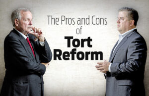 Brad Hendricks (left), a Little Rock attorney, opposes the proposed tort reform amendment. Carl Vogelpohl supports Issue 1 and says it will bring jobs to Arkansas.