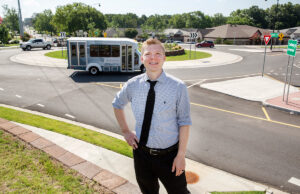 Finley Vinson, director of the Conway Street & Engineering Department, stands at the city’s newest roundabout, at the intersection of College Avenue and Salem Road.
