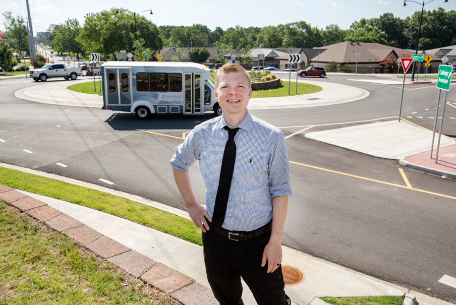 Finley Vinson, director of the Conway Street & Engineering Department, stands at the city’s newest roundabout, at the intersection of College Avenue and Salem Road.