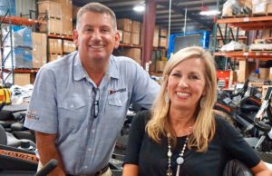 Robert and Becky Foster on the floor of the Intimidator manufacturing facility in Batesville. The two run the business together, with Robert as company president and Becky as vice president.