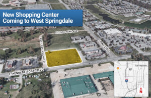 A shopping center to be built on the parcel shaded in yellow above in Springdale will also be the home of a U.S. Pizza Co.