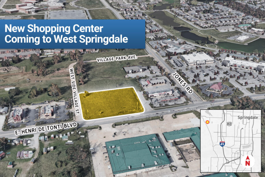 A shopping center to be built on the parcel shaded in yellow above in Springdale will also be the home of a U.S. Pizza Co.