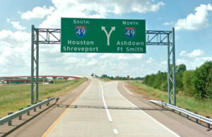 The southern portion of Interstate 49 ends in Texarkana, about five miles northeast of this sign, before beginning again in Fort Smith nearly 200 road miles away.