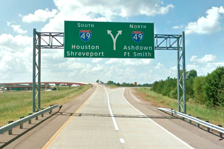 The southern portion of Interstate 49 ends in Texarkana, about five miles northeast of this sign, before beginning again in Fort Smith nearly 200 road miles away.