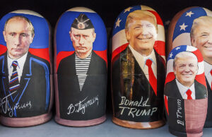 Russian matryoshka toys with portraits of Vladimir Putin and Donald Trump for sale at a Moscow souvenir kiosk