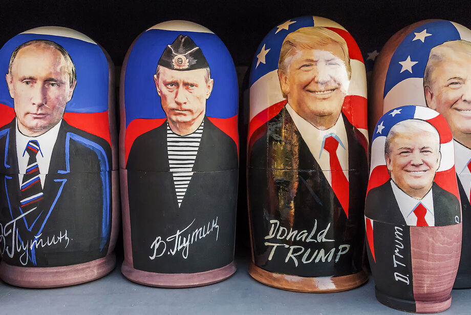 Russian matryoshka toys with portraits of Vladimir Putin and Donald Trump for sale at a Moscow souvenir kiosk