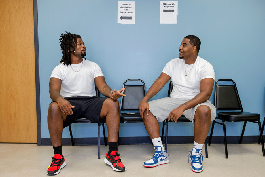 Te'Qwan Walrond and Daquan Stennis, both incoming freshman from Youngstown, Ohio, wait to see the registrar at Arkansas Baptist College.