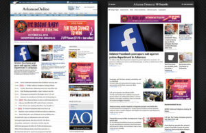 The Arkansas Democrat-Gazette is revamping its online presence at ArkansasOnline.com, from the current version shown above on the left to the new format shown on the right.