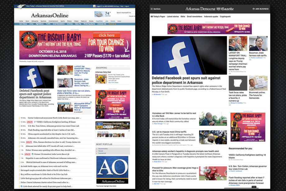 The Arkansas Democrat-Gazette is revamping its online presence at ArkansasOnline.com, from the current version shown above on the left to the new format shown on the right.