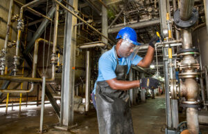 Turrell Williams draws a sample of biodiesel for quality control testing at the Solfuels plant in Phillips County.