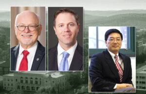 UA Chancellor Joseph Steinmetz and Northwest Arkansas Council CEO Nelson Peacock have set high goals for research and development funding. Daniel Sui, right, was recently hired to lead the program to reach those goals.