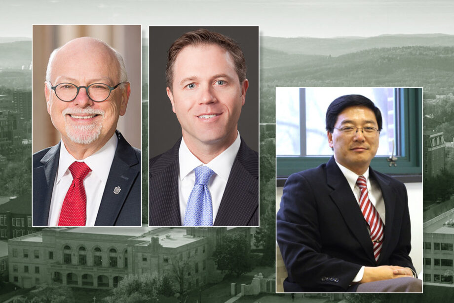 UA Chancellor Joseph Steinmetz and Northwest Arkansas Council CEO Nelson Peacock have set high goals for research and development funding. Daniel Sui, right, was recently hired to lead the program to reach those goals.