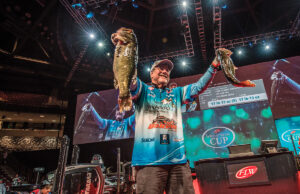 Larry Nixon of Quitman displays his catch at the 2017 Forrest Wood Cup at Lake Murray in Columbia, South Carolina.