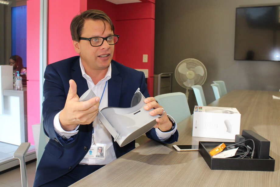 Bill Solleder, Visit Hot Springs&rsquo; marketing chief, with his Oculus Go unit.