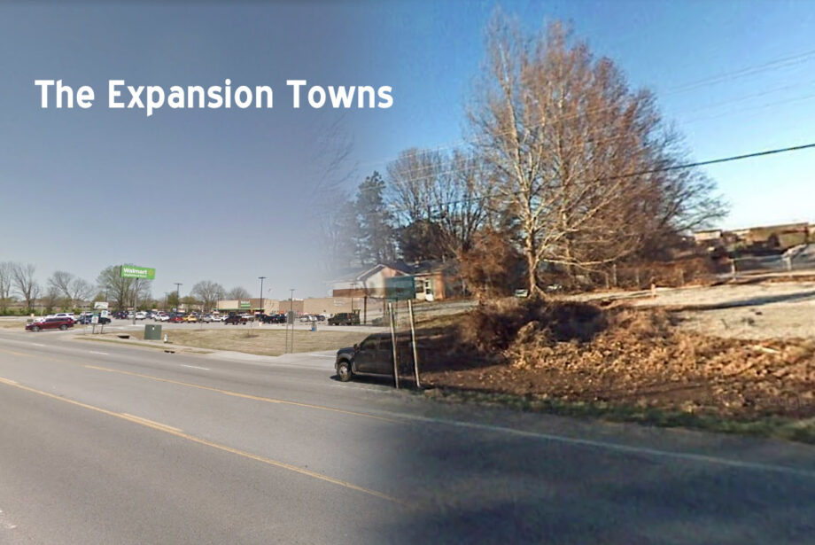 The city limits of Centerton, seen on the left as it appeared last June and on the right, the same general area as it looked in 2008.