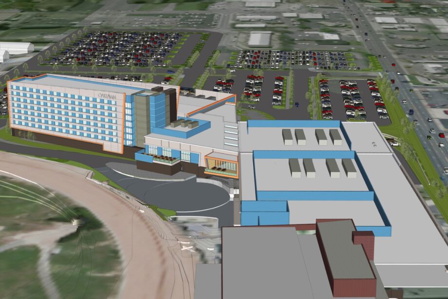 Aerial view of the $100 million expansion Oaklawn plans to begin after the 2019 racing season. Rendering by HBG Design of Memphis.