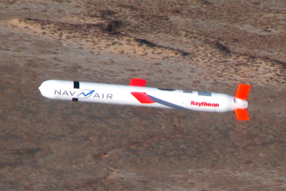 A Tactical "Tomahawk" Block IV cruise missile, conducts a controlled flight test over the Naval Air Systems Command (NAVAIR) western test range complex in southern California.