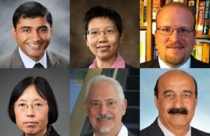 Clockwise, from top left, are new Arkansas Research Alliance Fellows Nitin Agarwal, Jingyi Chen, Steven Foley, Xiuzhen Huang, Clint Kilts and Mansour Mortazavi.